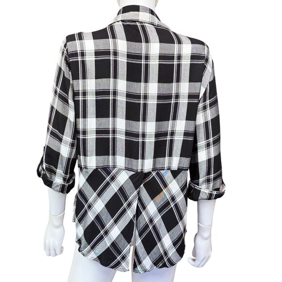BCX Black & White Plaid Button-Up Shirt Roll-Tab Sleeves & Split Back Hem Sz XL - Picture 2 of 7